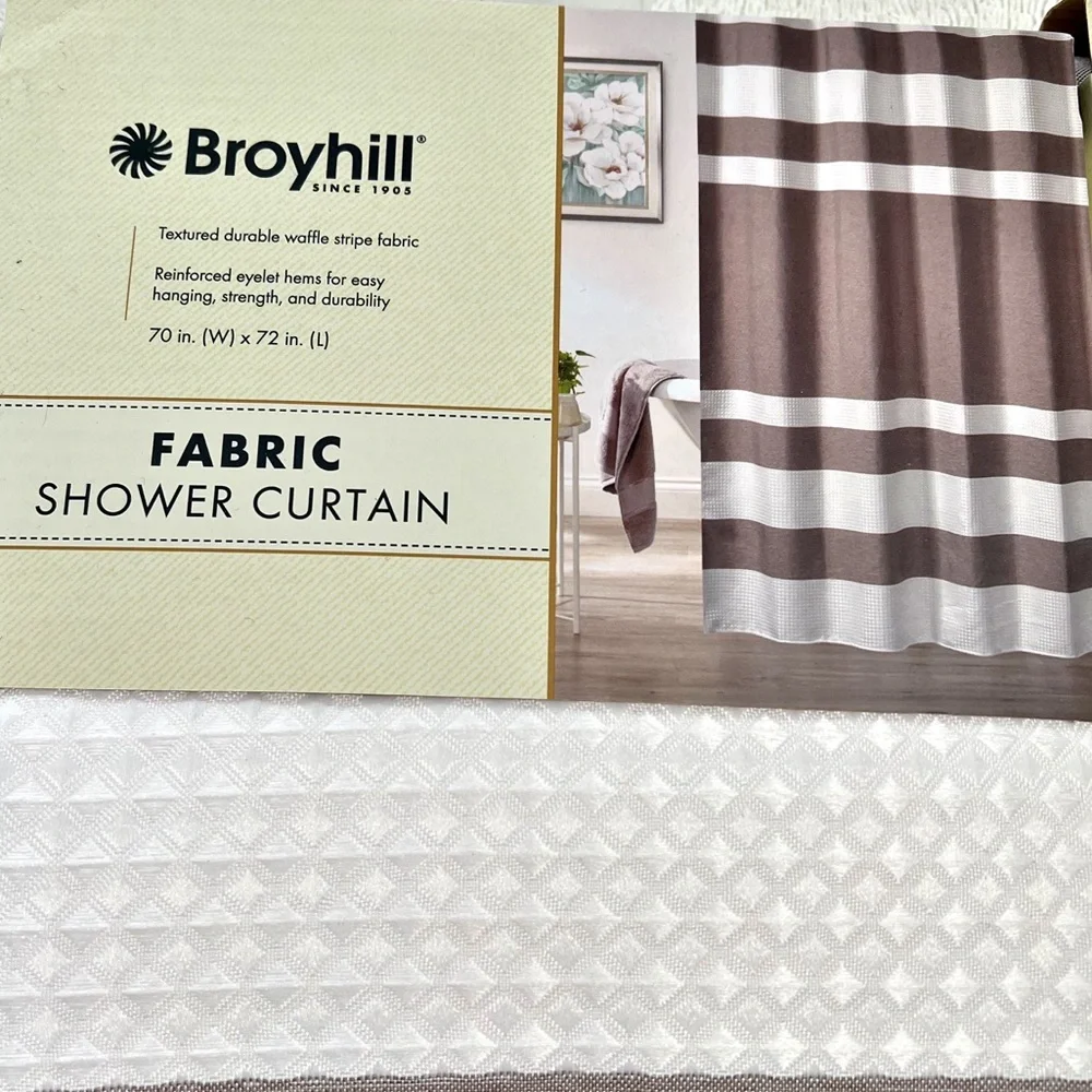 NWT! [Broyhill] Tan Cream Textured Durable Waffle Striped Shower Curtains 70x72